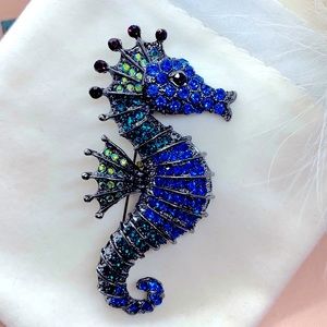 Blue Rhinestone Seahorse Brooch